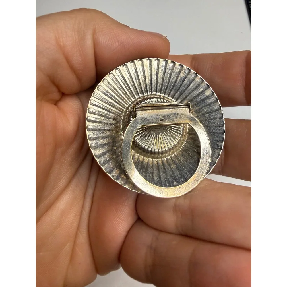 Vintage Silver Tone Sunburst Scarf Clip with Faux Pearl Center Circular Brooch